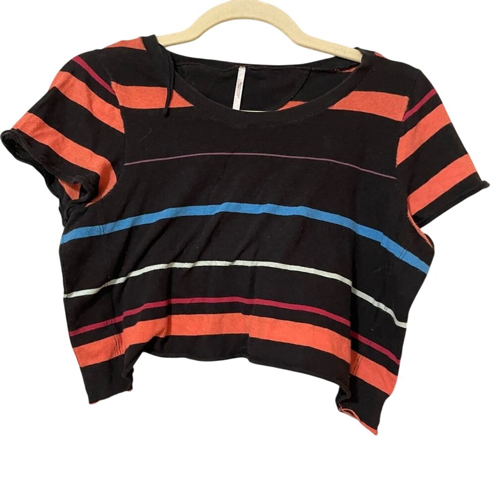 Free People Black & Orange Striped Cropped Oversized Tee Shirt Womens XS Boxy